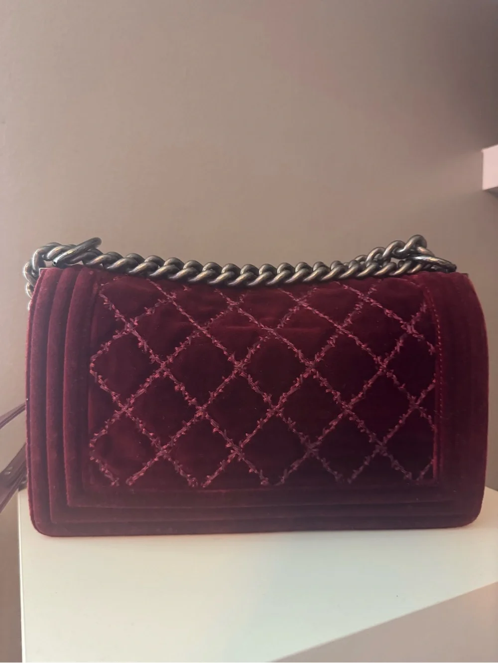 Chanel Velvet Tweed Quilted Medium Boy Flap Burgundy